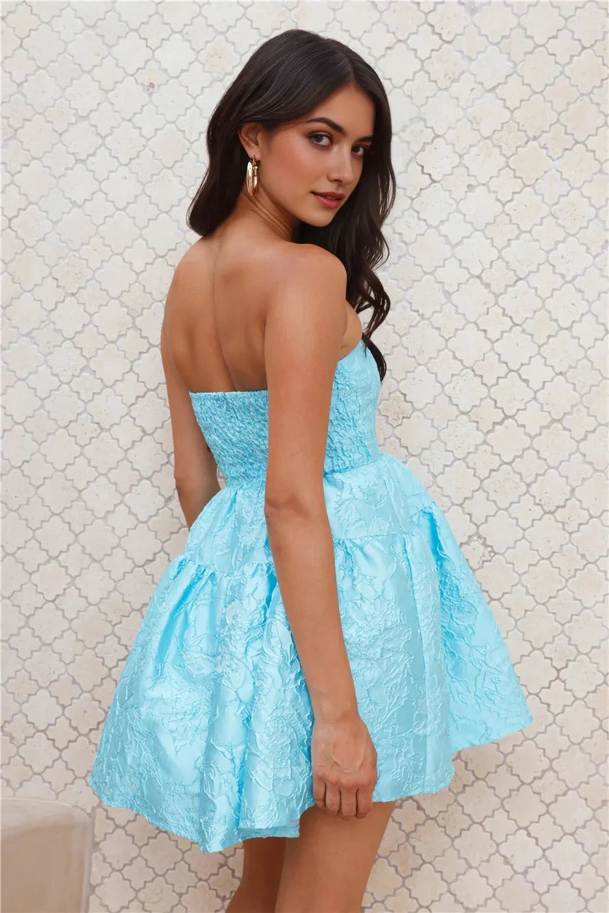 Light blue strapless short dress with a strapless design and exquisite floral patterns suitable for parties, dates, etc by YiHuiw