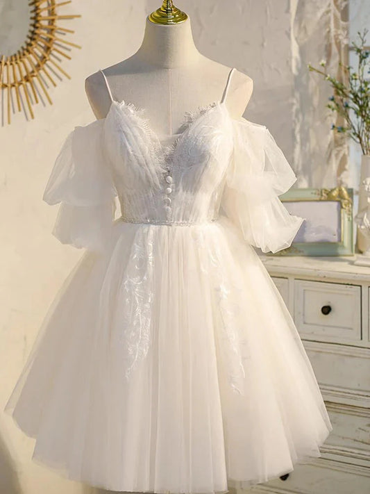 Light champagne tulle lace short prom dress lace homecoming dress simple gentle atmospheric and unique desi Bring summer colors to enhance whiteness by YiHuiw