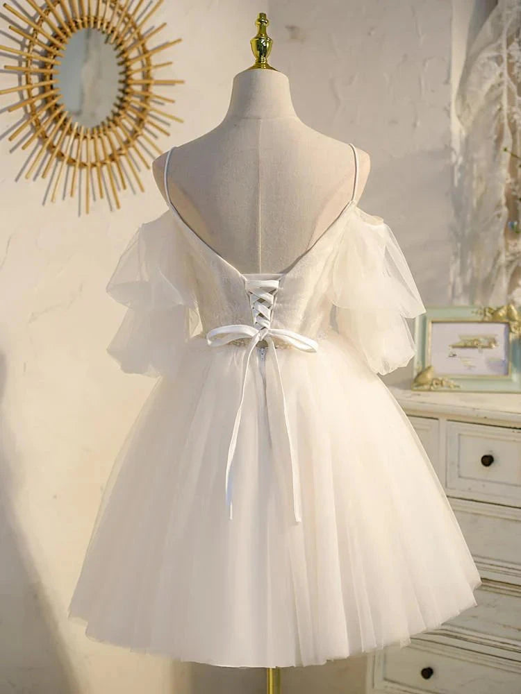 Light champagne tulle lace short prom dress lace homecoming dress simple gentle atmospheric and unique desi Bring summer colors to enhance whiteness by YiHuiw