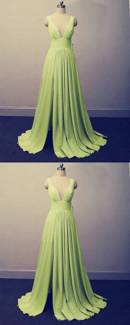 Light green long dress, deep V-neck, sleeveless design suitable for dinners, dances and other occasions by YiHuiw