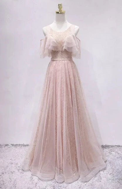 Light pink chiffon dress, round neck off shoulder sequin embroidery suitable for dinner parties by YiHuiw