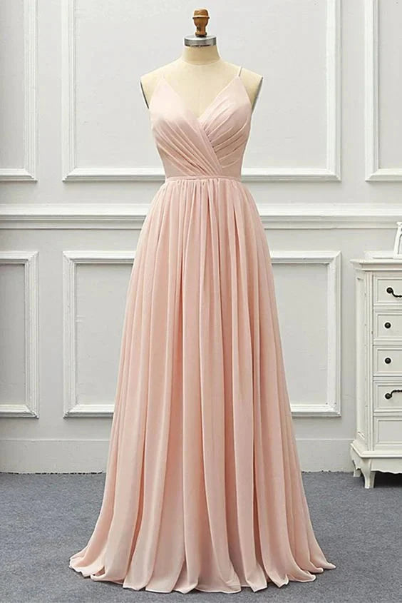 Light pink chiffon dress with deep V-neck straps and crossed pleats on the upper body, suitable for dinners, wedding bridesmaid dresses, etc by YiHuiw