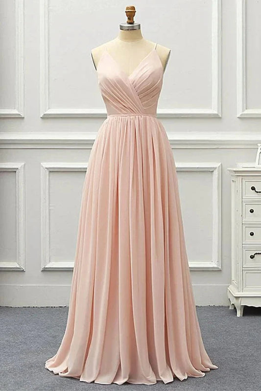Light pink chiffon dress with deep V-neck straps and crossed pleats on the upper body, suitable for dinners, wedding bridesmaid dresses, etc by YiHuiw