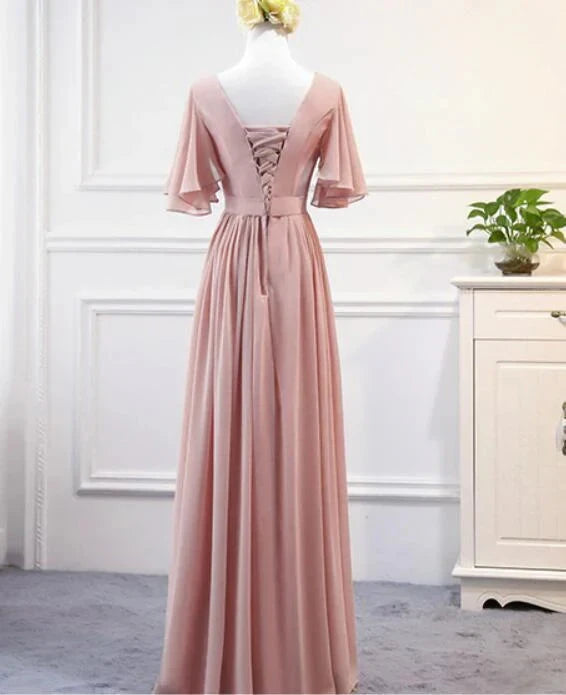 Light pink long dress, V-neck design, semi transparent flared sleeves, suitable for dinners, weddings and other occasions by YiHuiw