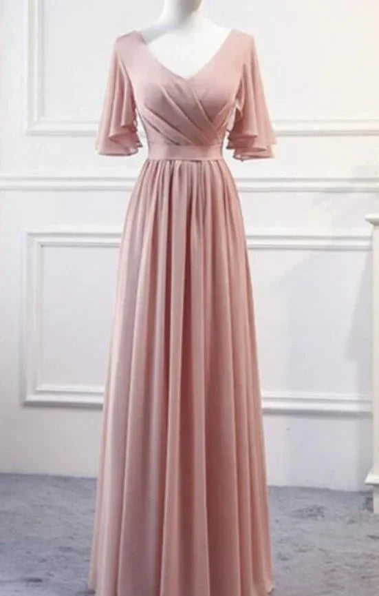 Light pink long dress, V-neck design, semi transparent flared sleeves, suitable for dinners, weddings and other occasions by YiHuiw