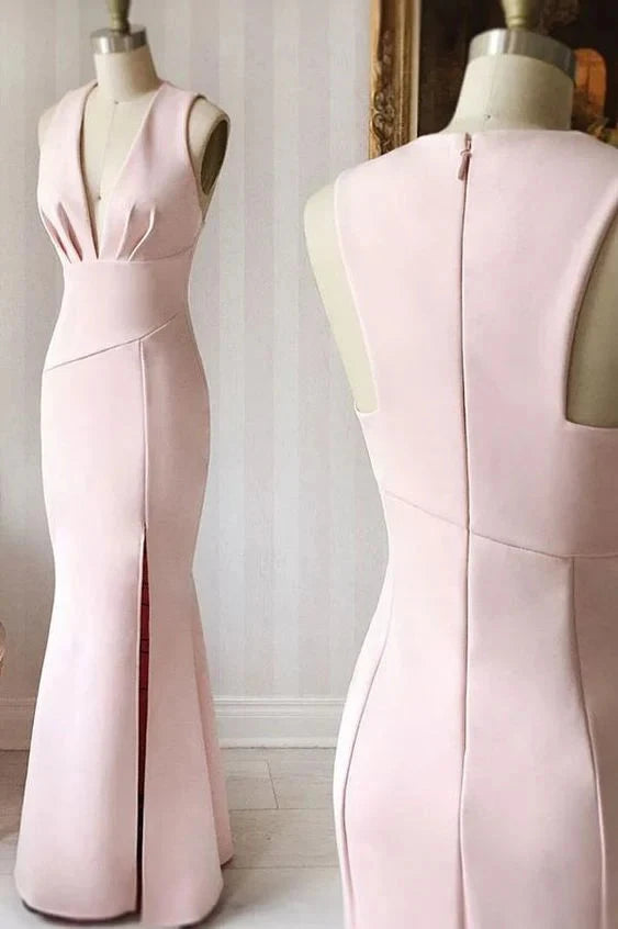 Light pink long dress, sleeveless design, simple front, deep V-back exposed back Suitable by YiHuiw