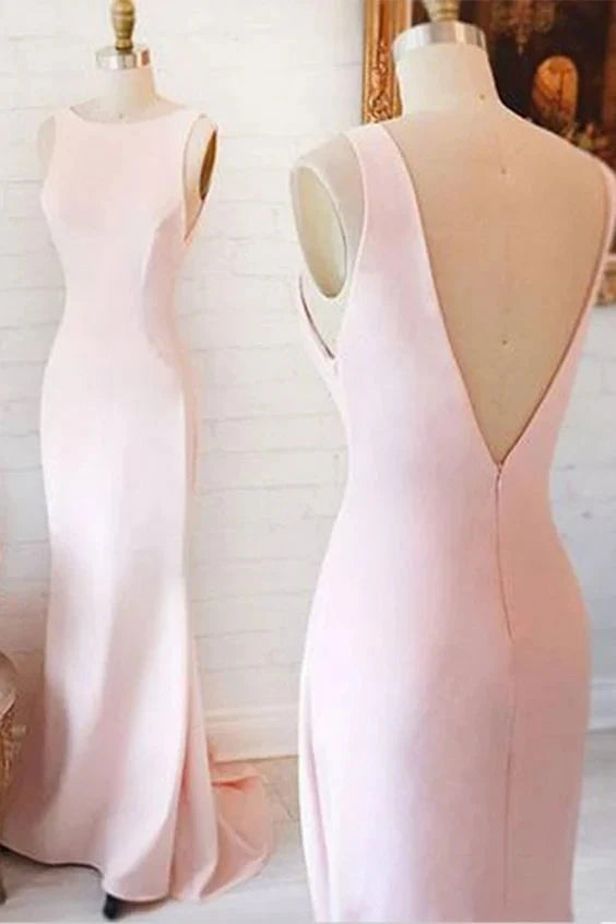 Light pink long dress, sleeveless design, simple front, deep V-back exposed back Suitable: Please refer to the size chart. by YiHuiw