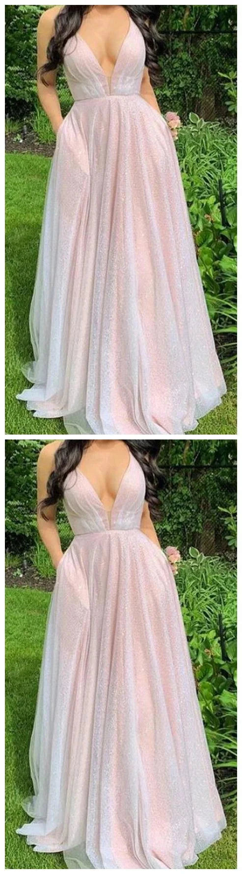 Light pink long dress dress with deep V-neck and thin straps suitable for dinners, dances, etc by YiHuiw