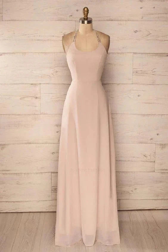 Light pink long dress with neck hanging collar, slim fit and waist cinching, suitable for banquets, weddings and other occasions by YiHuiw