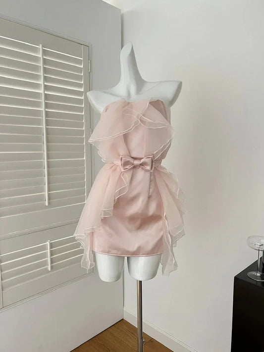 Light pink organza strapless dress with a bow tie, creating a sweet girl atmosphere that directly fills the Prom dress by YiHuiw