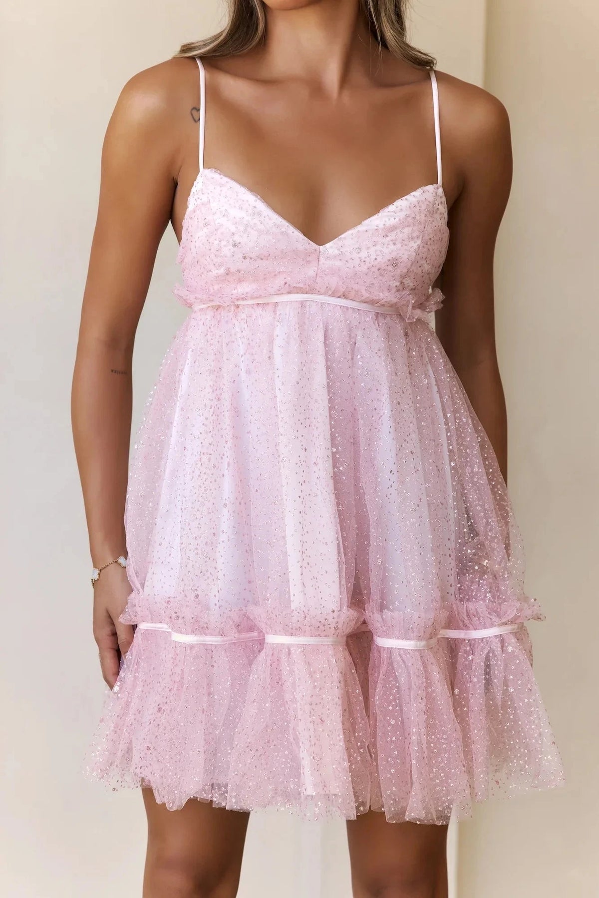 Light pink sequined mesh camisole dress with deep V-neck design suitable for parties, dates, and other occasions by YiHuiw