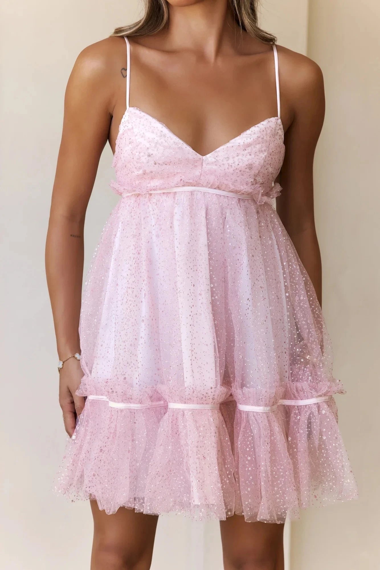 Light pink sequined mesh camisole dress with deep V-neck design suitable for parties, dates, and other occasions by YiHuiw