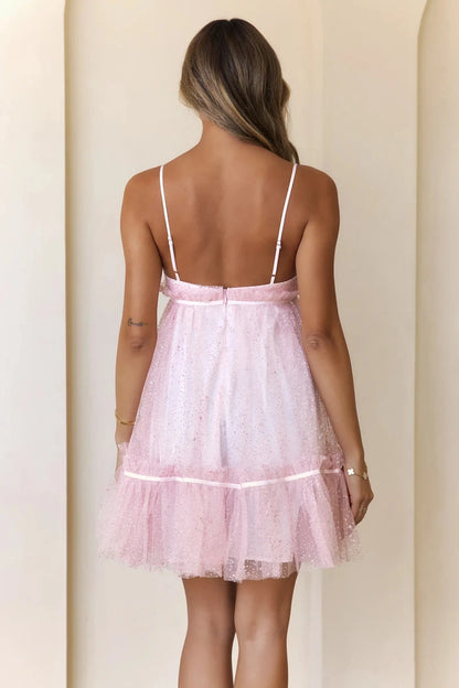 Light pink sequined mesh camisole dress with deep V-neck design suitable for parties, dates, and other occasions by YiHuiw