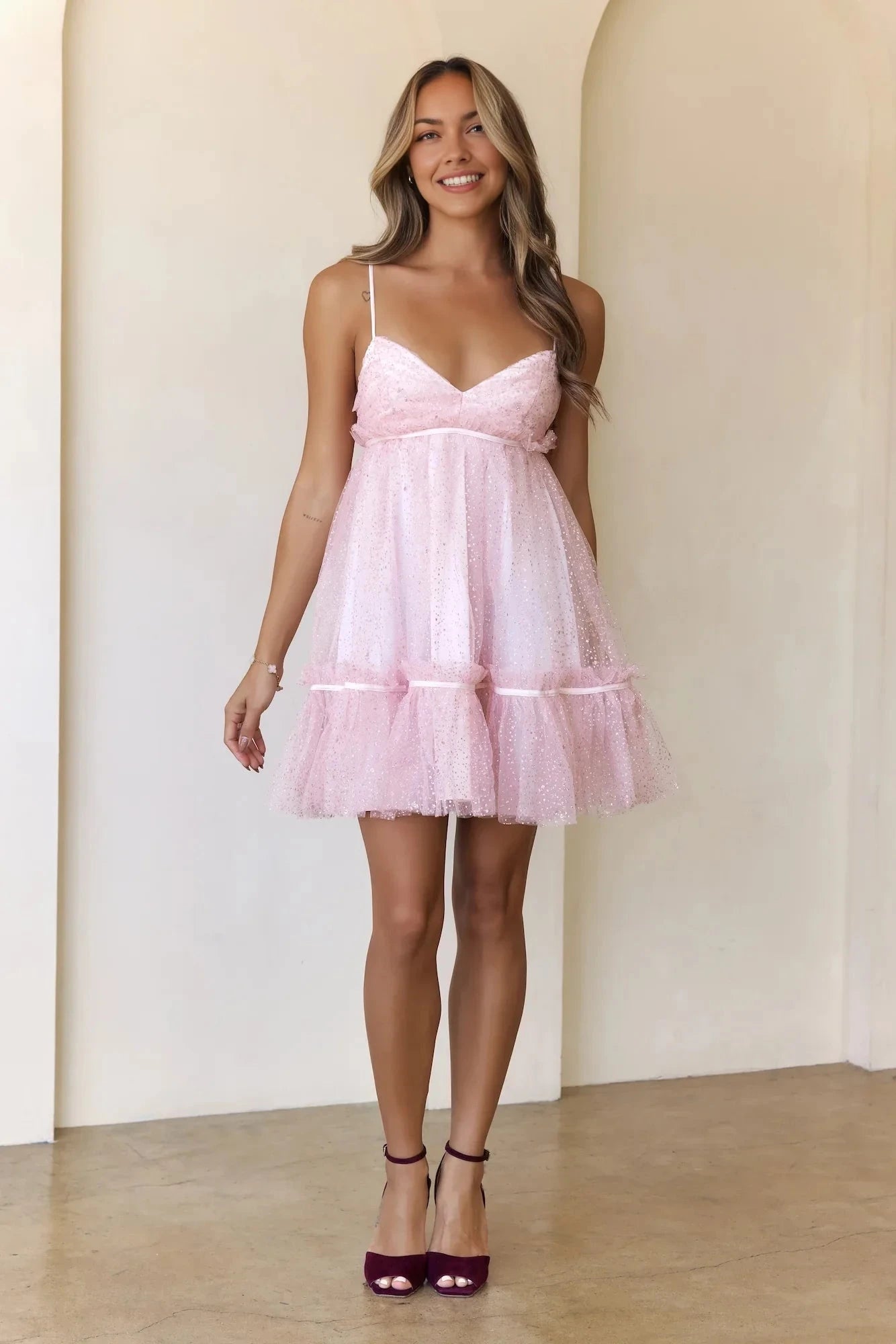 Light pink sequined mesh camisole dress with deep V-neck design suitable for parties, dates, and other occasions by YiHuiw
