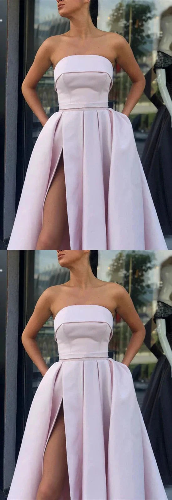 Light pink strapless dress with strapless design highlighting shoulder and neck lines, suitable for dinners, parties, etc by YiHuiw