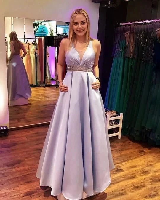 Light purple long camisole dress with deep V-neckline design suitable for dinners, dances, parties, etc by YiHuiw
