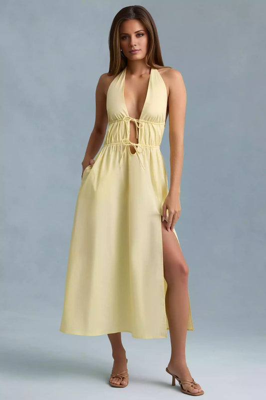 Lightweight deep V-neck hollowed out slender lace up hanging neck cylindrical silhouette Prom Dresses