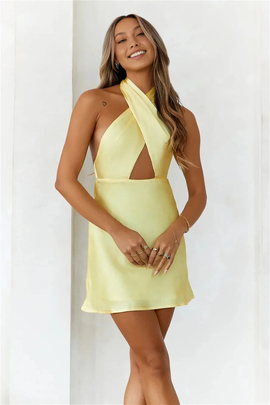 Light yellow neck hanging short dress with cross neck design, suitable for parties, dates, etc by YiHuiw