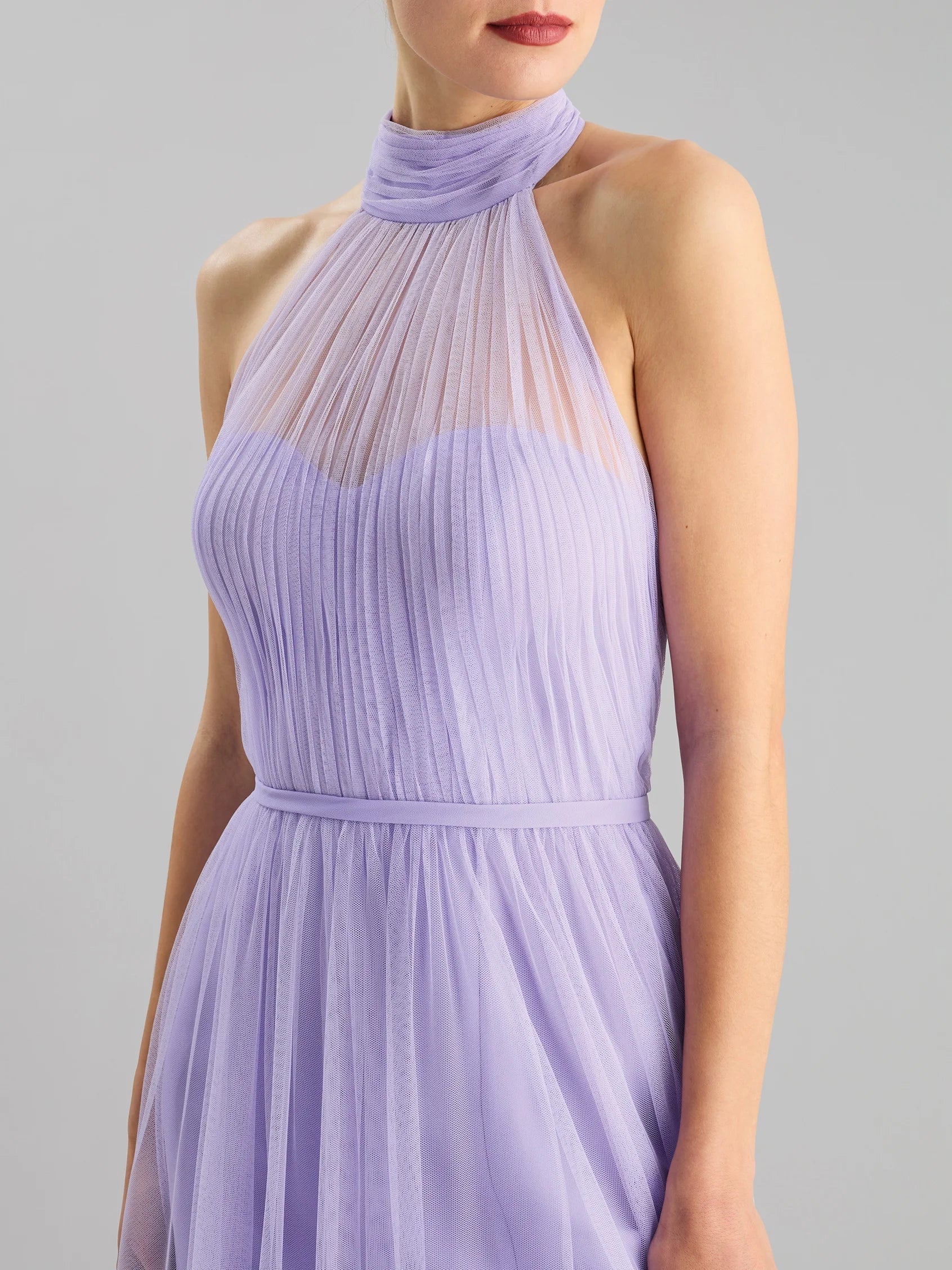 Lilac Halter Neck Tulle Maxi Dress with Side Slit A-line party dress with a halter neck Bridesmaid Dresses by YiHuiw