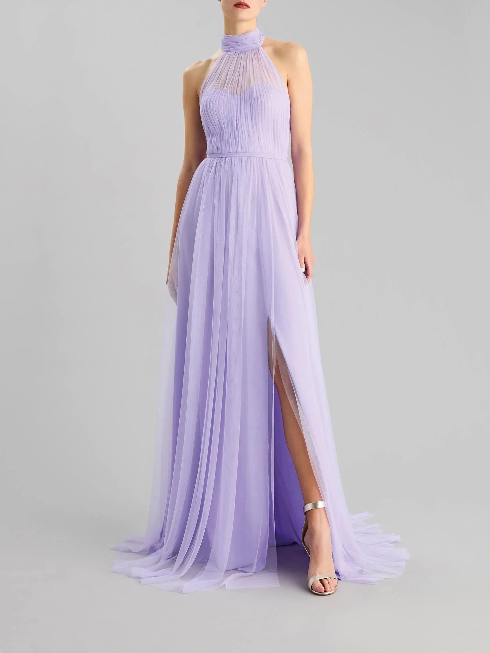 Lilac Halter Neck Tulle Maxi Dress with Side Slit A-line party dress with a halter neck Bridesmaid Dresses by YiHuiw