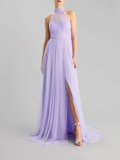 Lilac Halter Neck Tulle Maxi Dress with Side Slit A-line party dress with a halter neck Bridesmaid Dresses by YiHuiw
