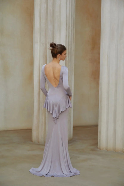 Lilac Long Sleeve Ruffled High - Slit Maxi Dress Purple Ruffle Detail Maxi Dress with Front Slit Evening Dress by YiHuiw