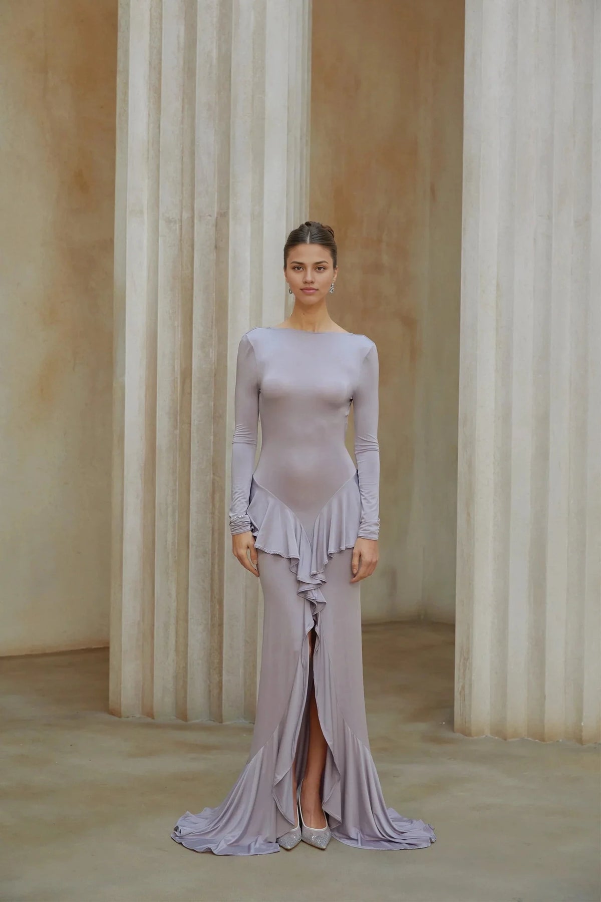 Lilac Long Sleeve Ruffled High - Slit Maxi Dress Purple Ruffle Detail Maxi Dress with Front Slit Evening Dress by YiHuiw