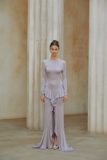 Lilac Long Sleeve Ruffled High - Slit Maxi Dress Purple Ruffle Detail Maxi Dress with Front Slit Evening Dress by YiHuiw