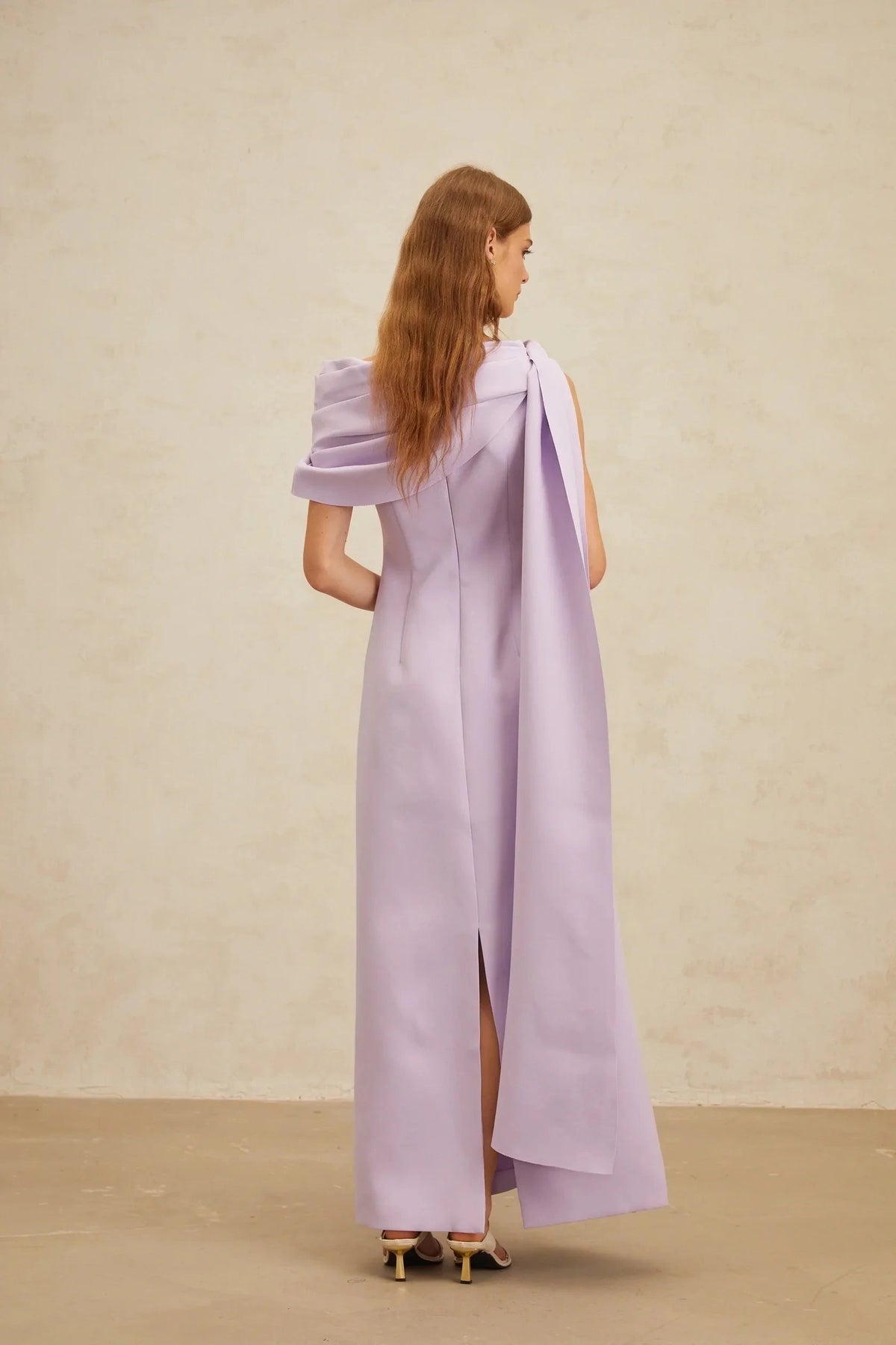 Lilac One - Shoulder Maxi Dress with Draped Detail Annabelle Purple Cape-Design Ribbon Maxi Dress Evening Dress by YiHuiw