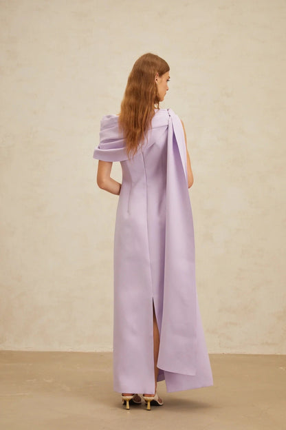 Lilac One - Shoulder Maxi Dress with Draped Detail Annabelle Purple Cape-Design Ribbon Maxi Dress Evening Dress by YiHuiw
