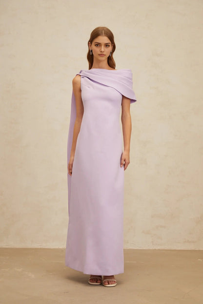 Lilac One - Shoulder Maxi Dress with Draped Detail Annabelle Purple Cape-Design Ribbon Maxi Dress Evening Dress by YiHuiw