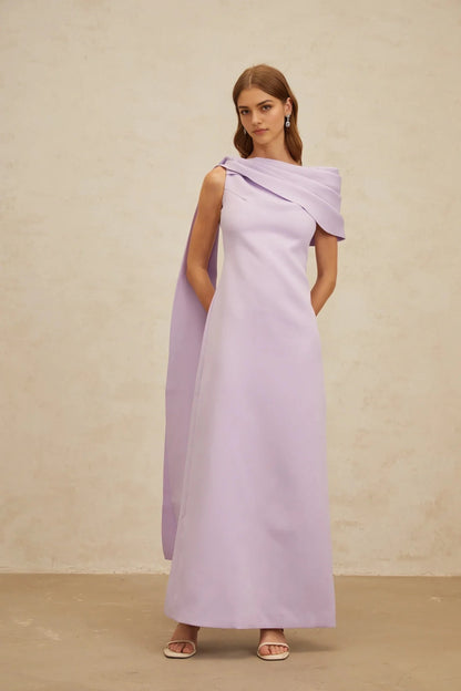 Lilac One - Shoulder Maxi Dress with Draped Detail Annabelle Purple Cape-Design Ribbon Maxi Dress Evening Dress by YiHuiw