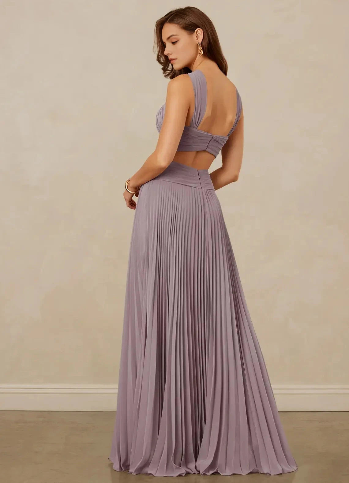 Lilac Pleated Halter Neck Cutout Evening Gown A-Line Pleated Chiffon Dress Bridesmaid Dresses by YiHuiw