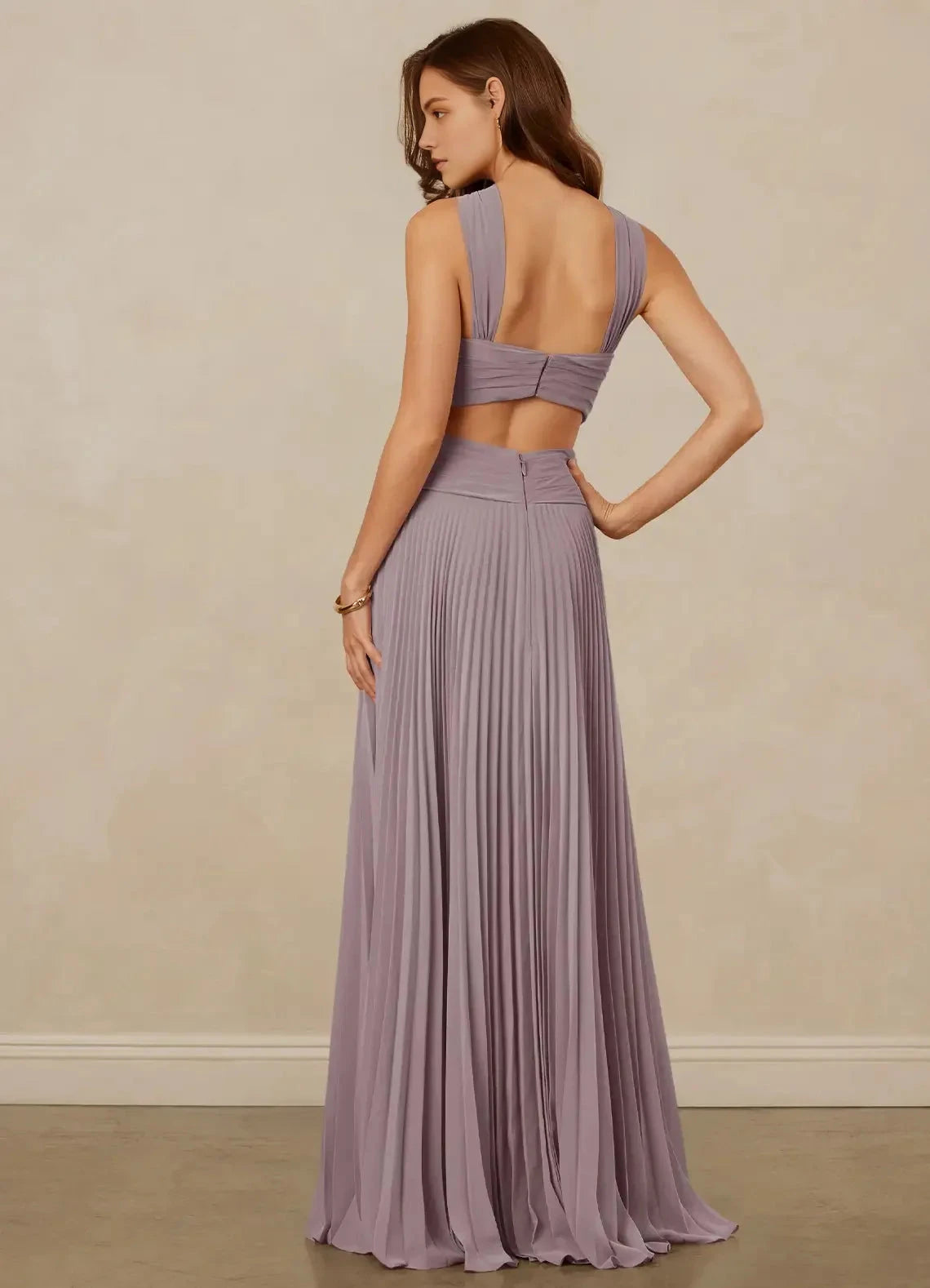 Lilac Pleated Halter Neck Cutout Evening Gown A-Line Pleated Chiffon Dress Bridesmaid Dresses by YiHuiw