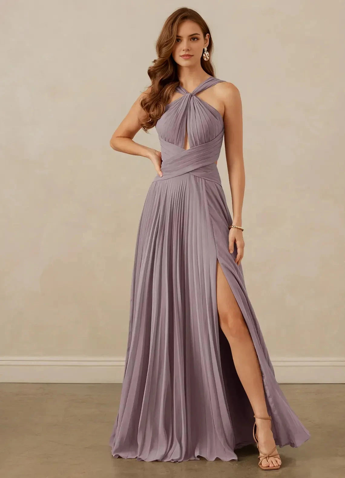 Lilac Pleated Halter Neck Cutout Evening Gown A-Line Pleated Chiffon Dress Bridesmaid Dresses by YiHuiw