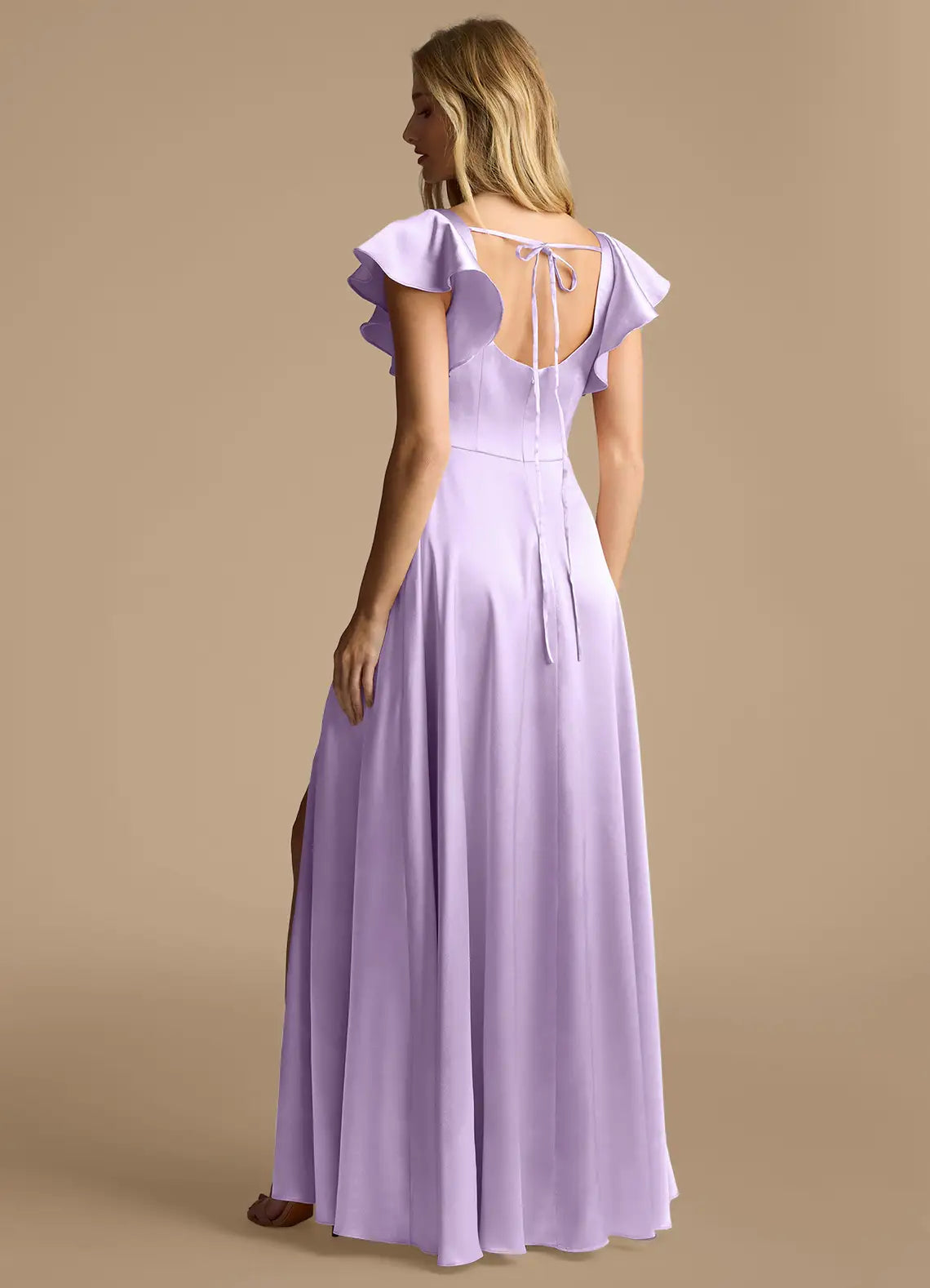 Lilac A-Line Square Neck Satin High Slit Floor-Length Wedding Dress - Yihuiw by Yihuiw