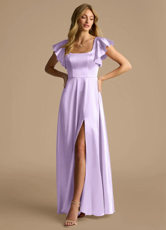 Lilac A-Line Square Neck Satin High Slit Floor-Length Wedding Dress - Yihuiw by Yihuiw