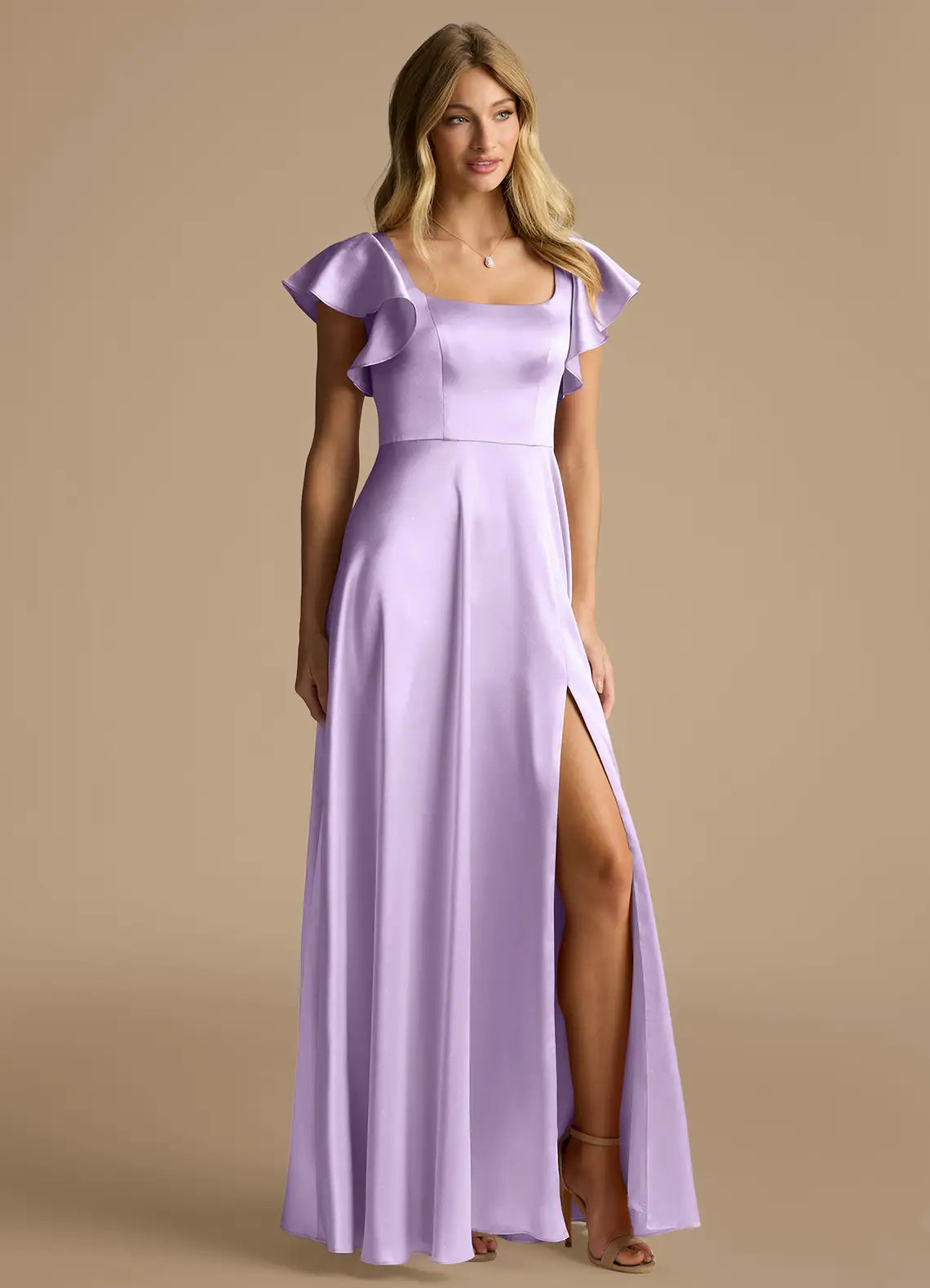 Lilac A-Line Square Neck Satin High Slit Floor-Length Wedding Dress - Yihuiw by Yihuiw