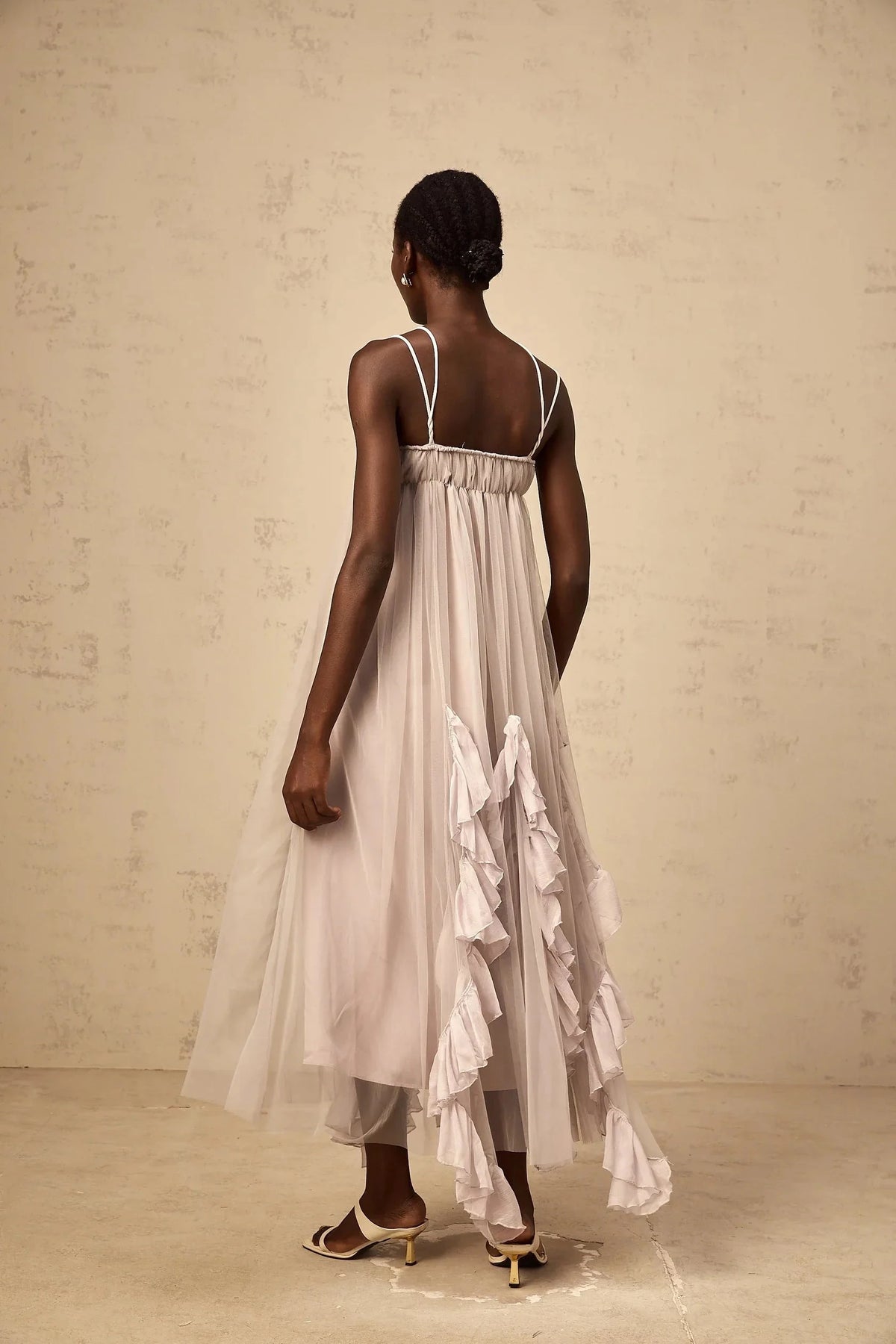 Lilac Tulle Ruffled Maxi Dress with Criss - Cross Straps layered ruffled tulle maxi dress in Purple Evening Dress by YiHuiw