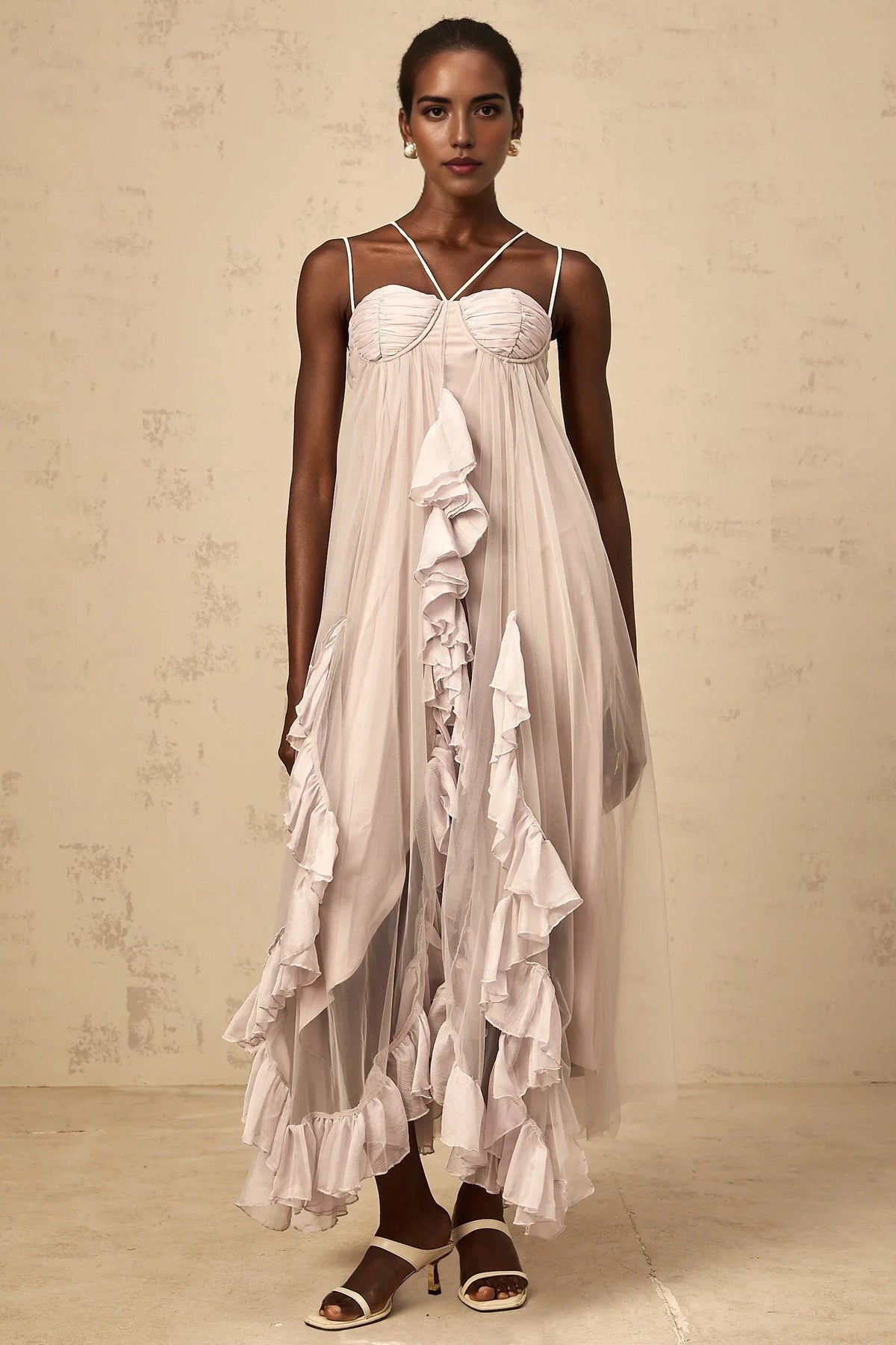 Lilac Tulle Ruffled Maxi Dress with Criss - Cross Straps layered ruffled tulle maxi dress in Purple Evening Dress by YiHuiw