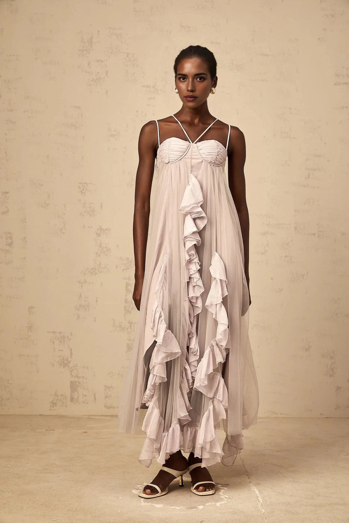 Lilac Tulle Ruffled Maxi Dress with Criss - Cross Straps layered ruffled tulle maxi dress in Purple Evening Dress by YiHuiw