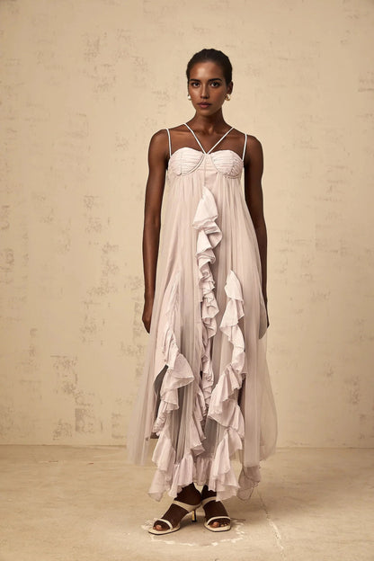 Lilac Tulle Ruffled Maxi Dress with Criss - Cross Straps layered ruffled tulle maxi dress in Purple Evening Dress by YiHuiw