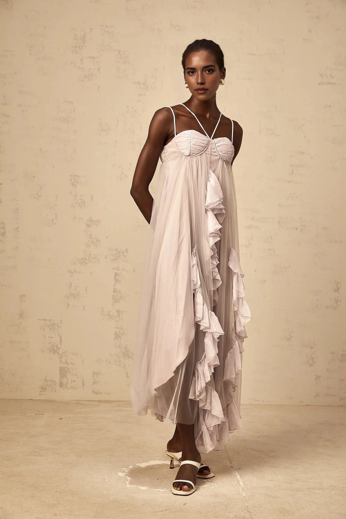 Lilac Tulle Ruffled Maxi Dress with Criss - Cross Straps layered ruffled tulle maxi dress in Purple Evening Dress by YiHuiw