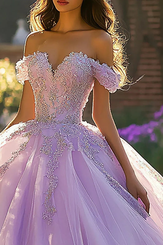 Lavender Off-the-Shoulder Ball Gown Prom Dress with Glitter Tulle and Lace Appliques