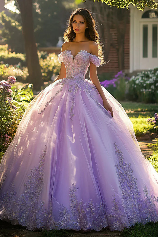 Lavender Off-the-Shoulder Ball Gown Prom Dress with Glitter Tulle and Lace Appliques