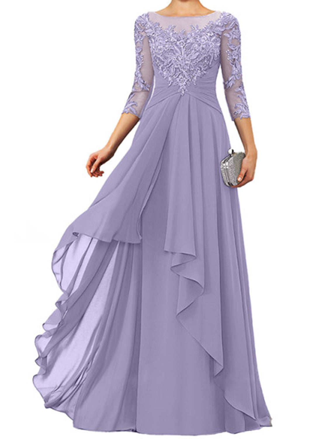 Sheath / Column Mother of the Bride Dress Elegant Jewel Neck Floor Length Chiffon Lace 3/4 Length Sleeve with Appliques by YiHuiw