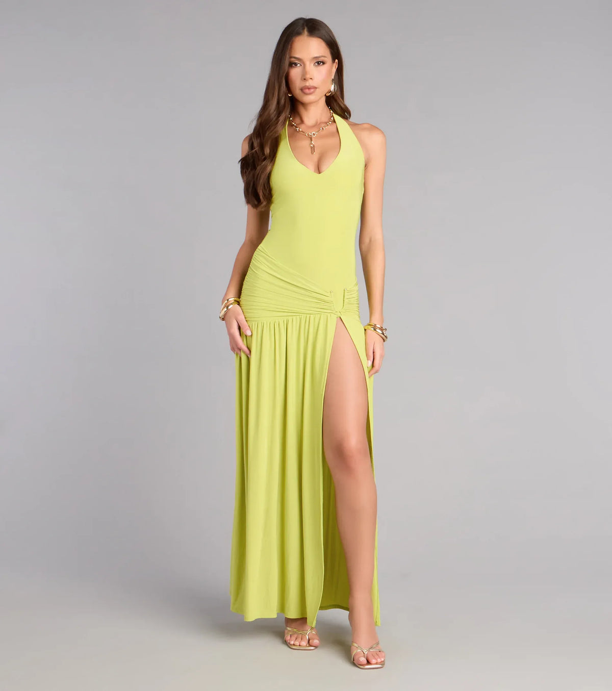 Halter High Slit Floor-Length Wedding Dress - Yihuiw by Yihuiw