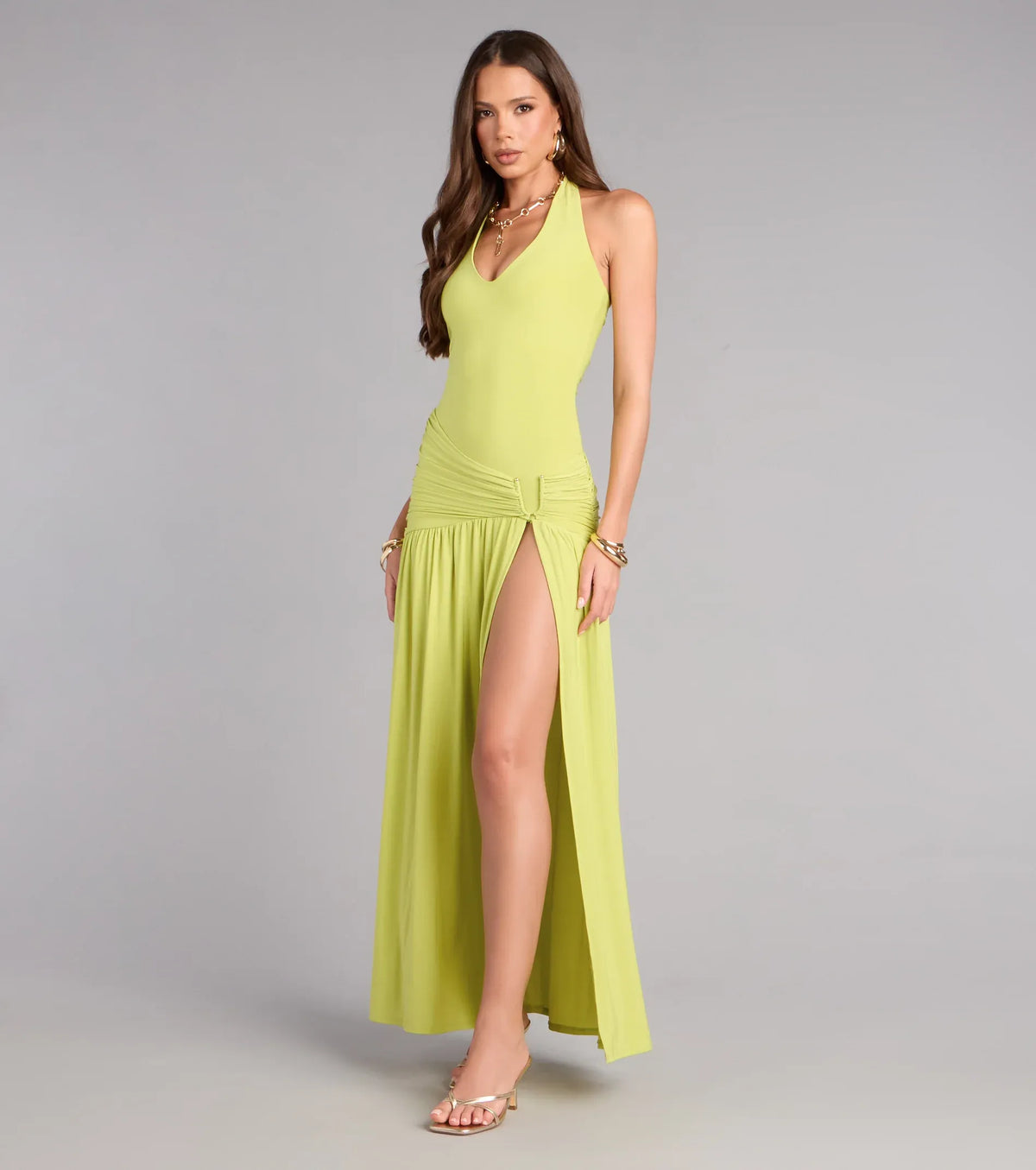 Halter High Slit Floor-Length Wedding Dress - Yihuiw by Yihuiw