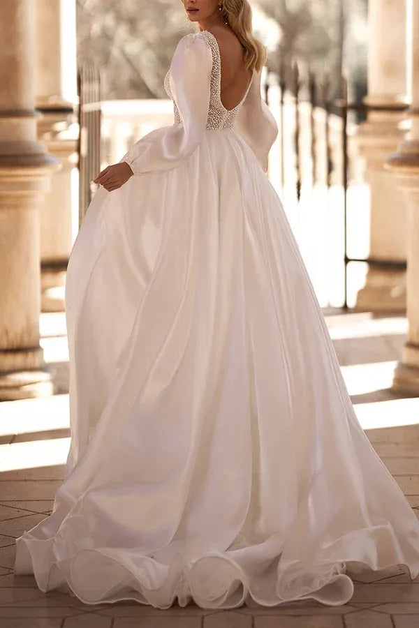 A-Line Satin Puff Sleeve Open Back Beaded Wedding Dress - Yihuiw by Yihuiw