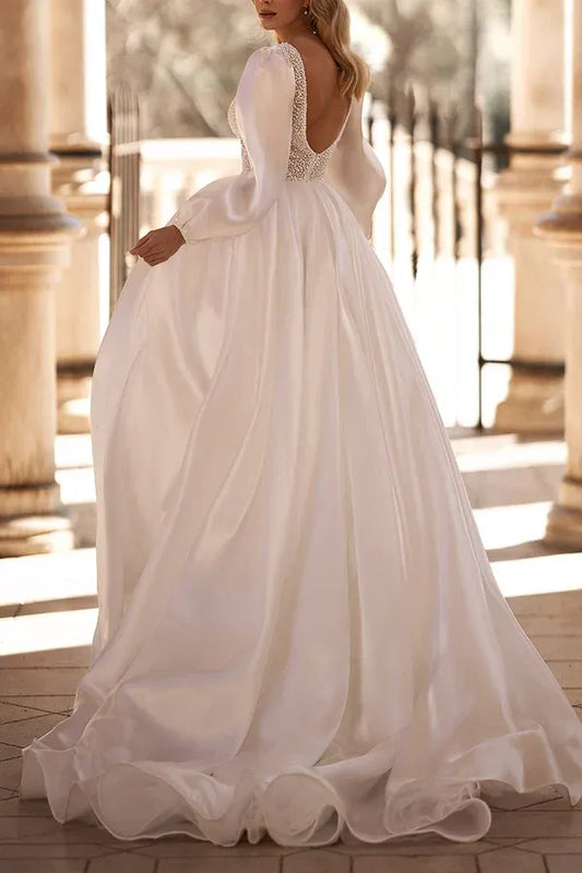 A-Line Satin Puff Sleeve Open Back Beaded Wedding Dress - Yihuiw by Yihuiw
